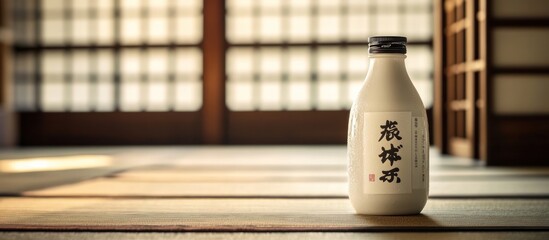 A Japanese milk drink bottle with kanji letters, placed on a tatami mat