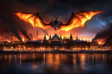 A vibrant digital illustration of a dragon flying over a mystical city, its wings casting colorful reflections on the buildings below