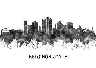 Fototapeta premium Belo Horizonte Brazil Skyline BW, travel art illustration urban modern downtown landmarks skyscrapers artwork abstract architecture digital office home decor
