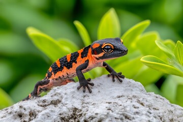 Obraz premium A vibrant image of a dwarf gecko crawling along a rock, its vibrant colors and petite form blending with its surroundings