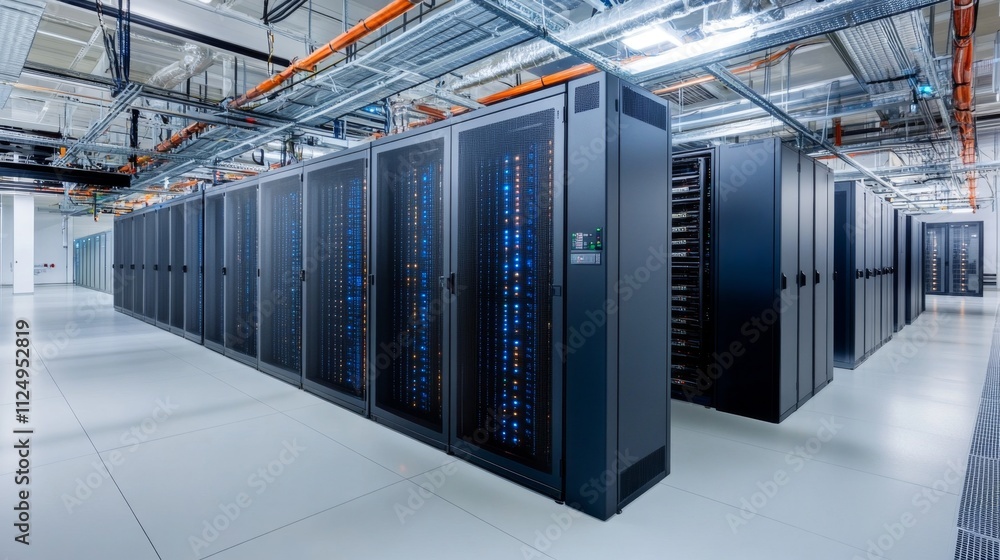 Poster data center infrastructure management technology digital systems modern facility wide-angle view eff