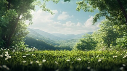 Fototapeta premium Green grass and white flowers growing on a meadow with trees and mountains in the background