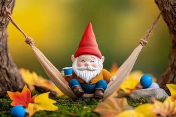 A vibrant image of a dwarf gnome sitting in a hammock strung between two trees, holding a tiny cup of tea