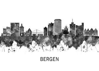 Fototapeta premium Bergen Norway Skyline BW, travel art illustration urban modern downtown landmarks skyscrapers artwork abstract architecture digital office home decor
