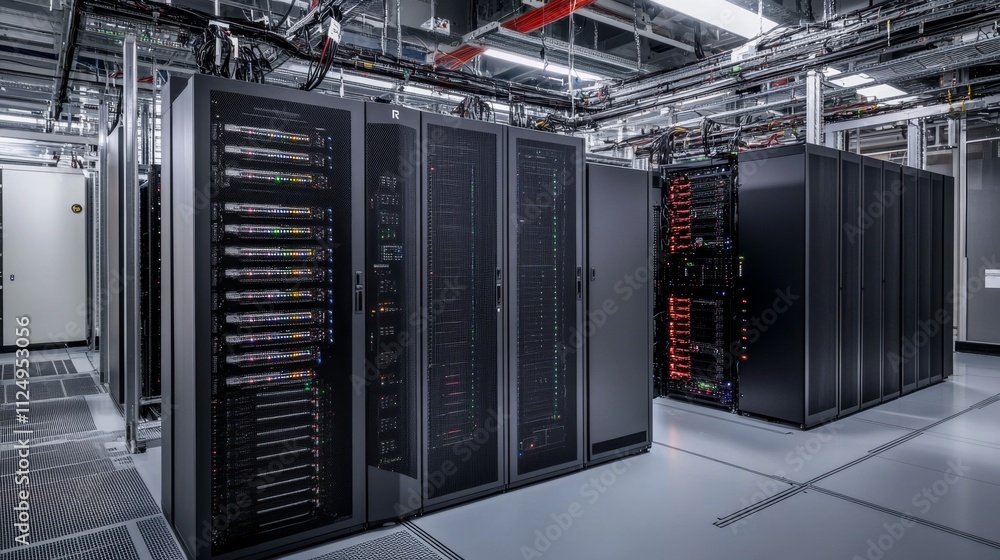 Poster data center operations advanced server infrastructure in a high-tech environment close-up view of mo