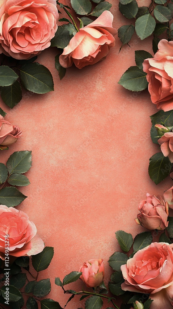 Poster frame of pink roses creating space for text on coral background
