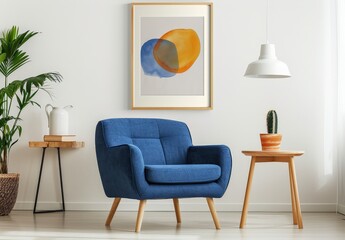Modern living room with blue armchair. wooden side table. potted cactus. and abstract painting