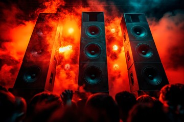 Energy-filled performance with powerful speakers in a venue with copy space for text, dj banner advertising, live music advertisement