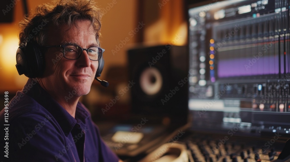 Poster music production session featuring sound engineer in studio creative workspace environment focused v