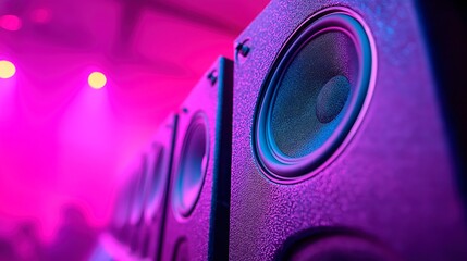 Row of speakers in a vibrant nightclub setting with copy space for text, dj banner advertising, live music advertisement