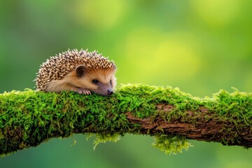 Obraz premium A vibrant photo of a dwarf hedgehog curled into a ball, resting on a bed of soft moss with its spines glinting under the sunlight