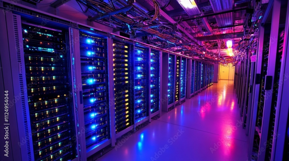 Poster high-tech data center operations modern facility image showcase neon lighting wide angle view techno