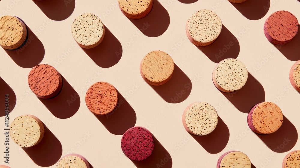 Poster a mesmerizing display of vibrant wine corks is artistically laid out, showcasing unique textures and