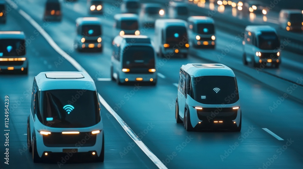 Poster futuristic autonomous delivery vehicles on a busy urban highway with wi-fi symbols indicating connec
