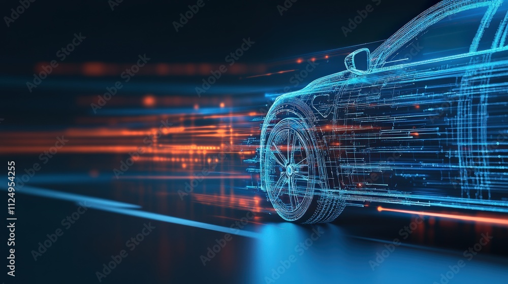 Poster Futuristic Car Design with Digital Effects Illustrating Speed and Technology, Showcasing a Wireframe Representation on a Dark Background