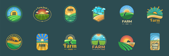 Agriculture farm food logo with green field, sun and sky set © 4zevar