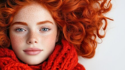 Fototapeta premium Happy young woman with beautiful red hair and freckles posing on white background