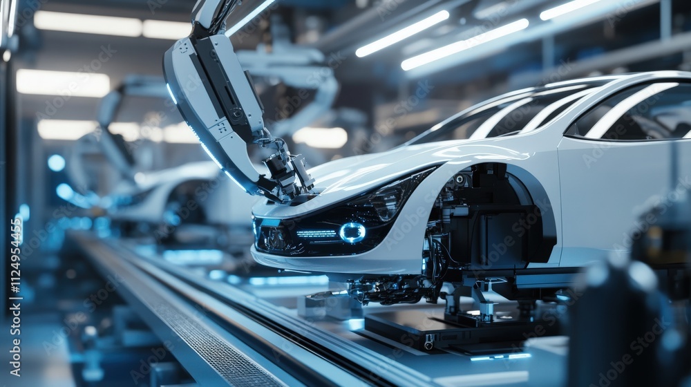 Poster futuristic automotive manufacturing line with robotic arms assembling white electric vehicles in a h