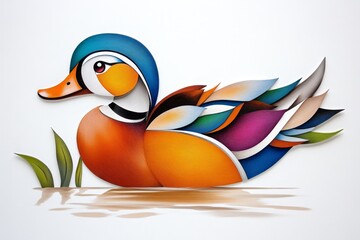 Naklejka premium A vibrant watercolor of a mandarin duck with colorful feathers, blending harmoniously into a misty background