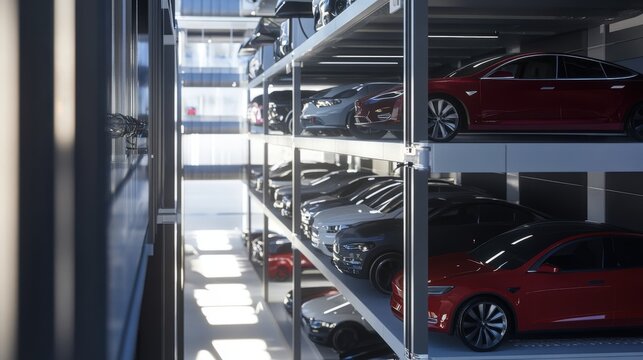 Modern Car Parking Garage with Sleek Vehicles in a Multilevel Storage Facility Showcasing a Variety of Colors and Styles for Urban Living and Transportation Solutions