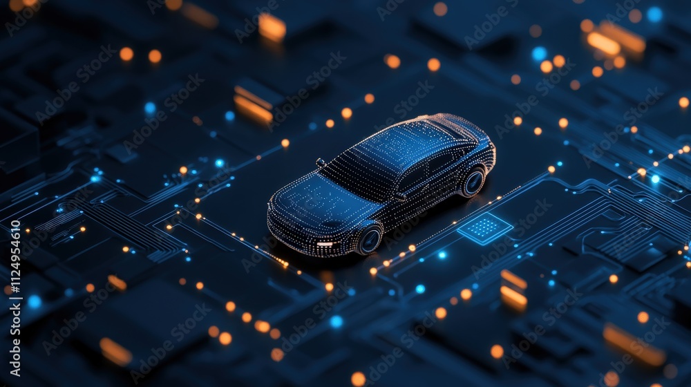 Poster 3D Render of a Futuristic Car on a High-Tech Circuit Board Background Illuminated by Blue and Orange Lights Representing Innovation and Technology
