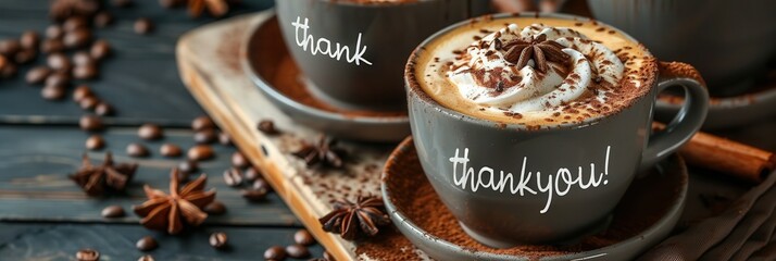 Warm mugs of cozy coffee topped with cream and chocolate shavings in a rustic setting expressing gratitude. Generative AI