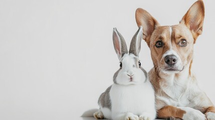 Playful interaction between dog and rabbit indoor setting pet photography cozy environment close-up view friendship concept
