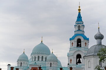   Valaam Island, Russia, July 12, 2024. Blue domes of the monastery.                             