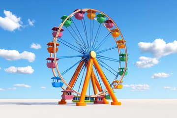 Fototapeta premium vibrant Ferris wheel isolated on a clean white background, showcasing its intricate frame, colorful passenger cabins, and modern design, perfect for a fairground theme