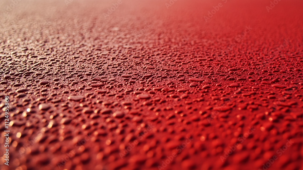 Poster Water droplets creating texture on vibrant red surface