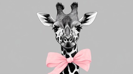 Black and white giraffe with pink bow around its neck, generative ai