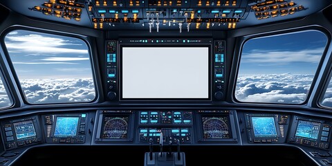 Obraz premium Airplane cockpit with blank screen above clouds.
