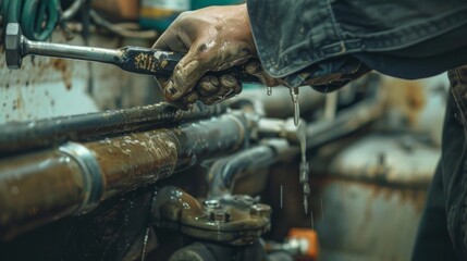 A person in work attire unscrews a metal valve on a yellow pipeline. Background shows industrial setting with tools present. Site appears cluttered.