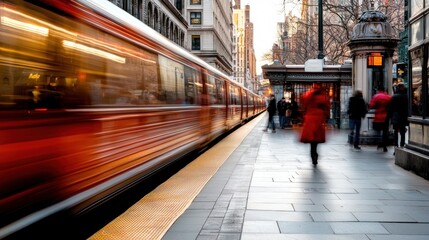 Fototapeta premium Red Train in Motion at Busy Urban Subway Station with Passengers and Cityscape