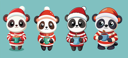 Christmas vector cute panda with coffee mug wish you merry Christmas, icon graphic object cartoon 