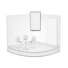 Exhibition set template. White trade show corner booth with video TV LCD screen, table, countertop tablet stand, two chairs, roll-up banner. Vector 3d mock-up. Tradeshow expo display kit mockup
