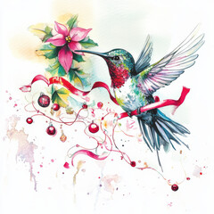 Coquette Christmas hummingbird illustration, watercolor. A vibrant bird with festive ribbons flitting around glowing holiday flowers.