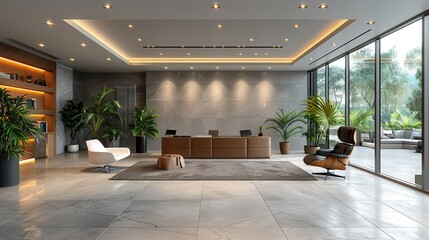 Elegant and modern lobby space featuring lush greenery and sleek furnishings in a bright atmosphere. Generative AI