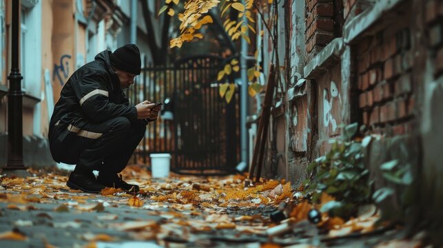 A man in black attire crouches in an alley, taking a photo of dry leaves on the ground with his smartphone amidst a moody urban setting in early autumn. - Powered by Adobe