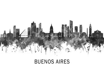 Naklejka premium Buenos Aires Argentina Skyline BW, travel art illustration urban modern downtown landmarks skyscrapers artwork abstract architecture digital office home decor