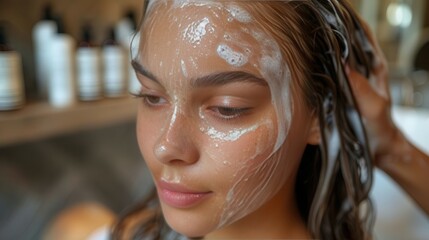 Woman enjoys a refreshing facial treatment at a spa, relaxing in a serene environment during the afternoon. Generative AI