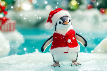 Fototapeta premium A holiday-themed picture of a penguin dressed in Santa attire, standing on ice with colorful holiday decorations, ideal for festive promotions and cards.