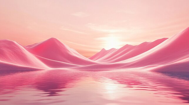 Pink sunset reflecting on water surface with rolling hills in background, dreamy landscape