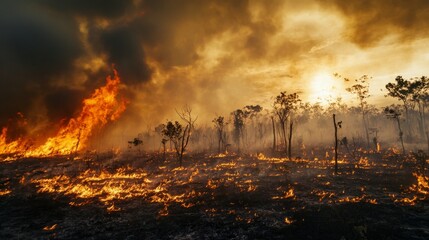 Fototapeta premium Wildfire devastation in forested area at sunset nature photography dramatic landscape environmental crisis perspective