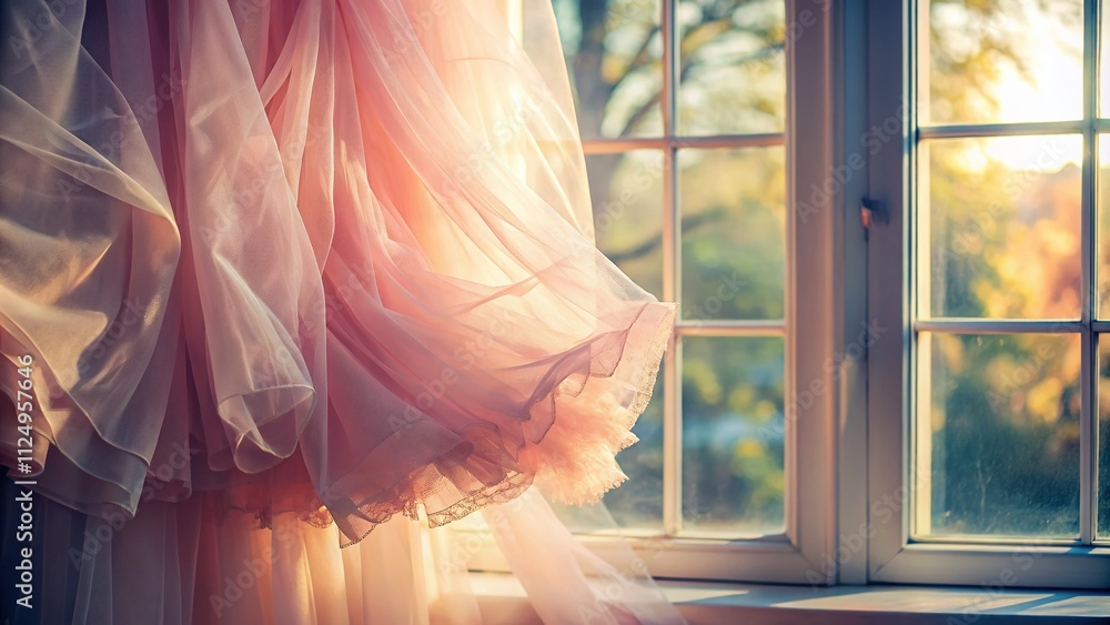 Poster Captivating Tulle Texture Draped Elegantly on a Window, Showcasing Delicate Patterns and Soft Light Filtering Through for an Ethereal Atmosphere in Interior Spaces