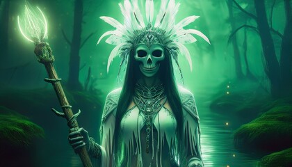 Mysterious figure in tribal attire with a glowing staff presents an enchanting presence in a mystical forest at twilight. Generative AI