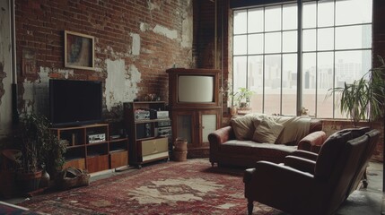 
A modern and spacious apartment in an old tenement house. An elegant and luxurious living room designed in a classic, vintage and mid-century modern style with decorative brickwork. 3d illustration
