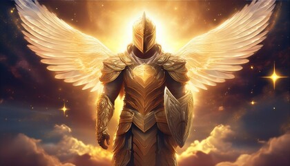 Radiant hero with ethereal wings and shimmering armor standing against a celestial backdrop at dusk. Generative AI