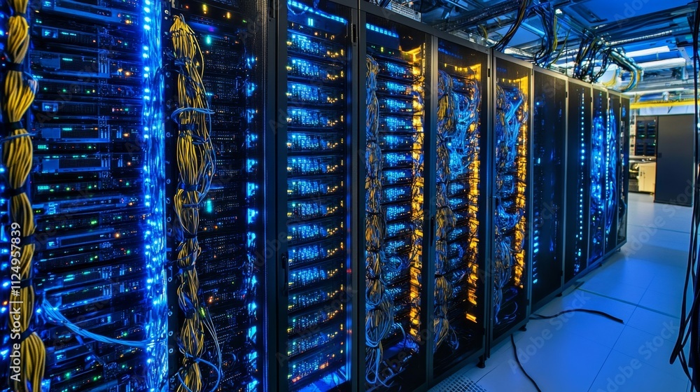 Poster server room management high-tech data center information technology environment close-up perspective