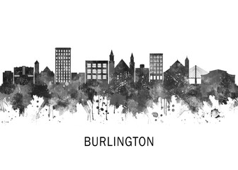 Obraz premium Burlington Iowa Skyline BW, travel art illustration urban modern downtown landmarks skyscrapers artwork abstract architecture digital office home decor